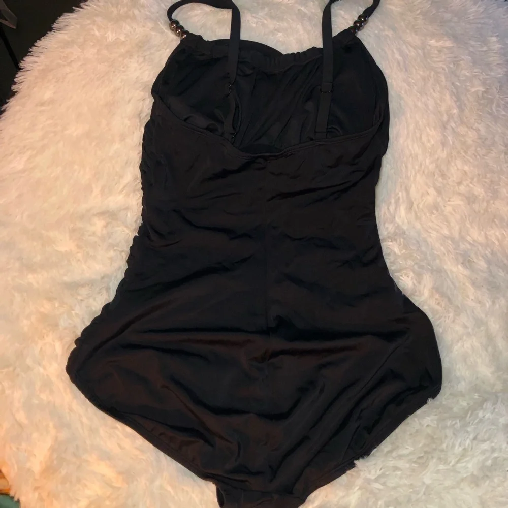 Slimming Draped One-Piece  Black Swimsuit with Straps size 14 8 and 4
